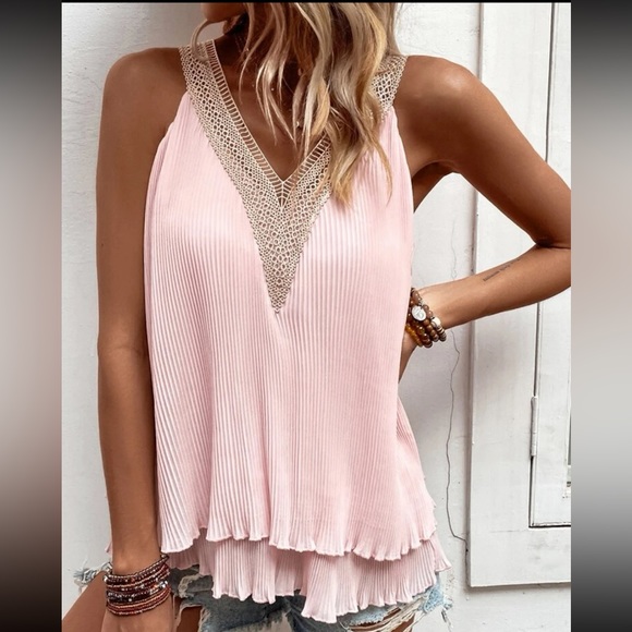 Elegant Pink V Neck Guipure Lace SleevelessTop Blouse Shirt Boho - Picture 5 of 7